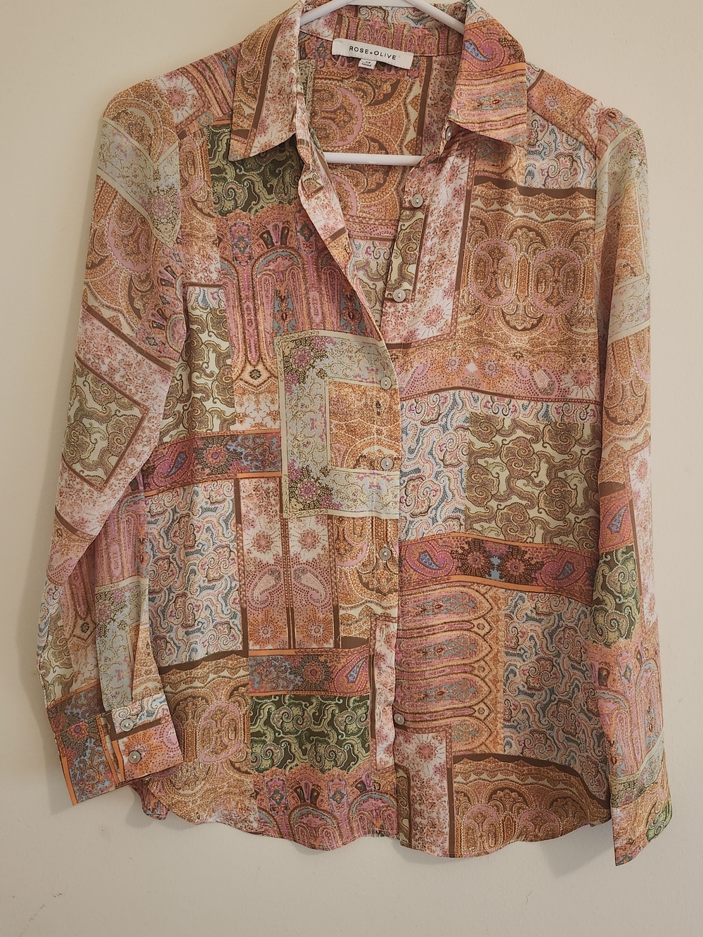 Rose & Olive Paisley Patchwork Button-Up Blouse in Multicolor
